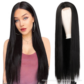 Aodale 30 Inches Middle Part Long Straight Black Hair Synthetic Hair Wigs For Black Women Heat Resistant Fiber Lace Wigs